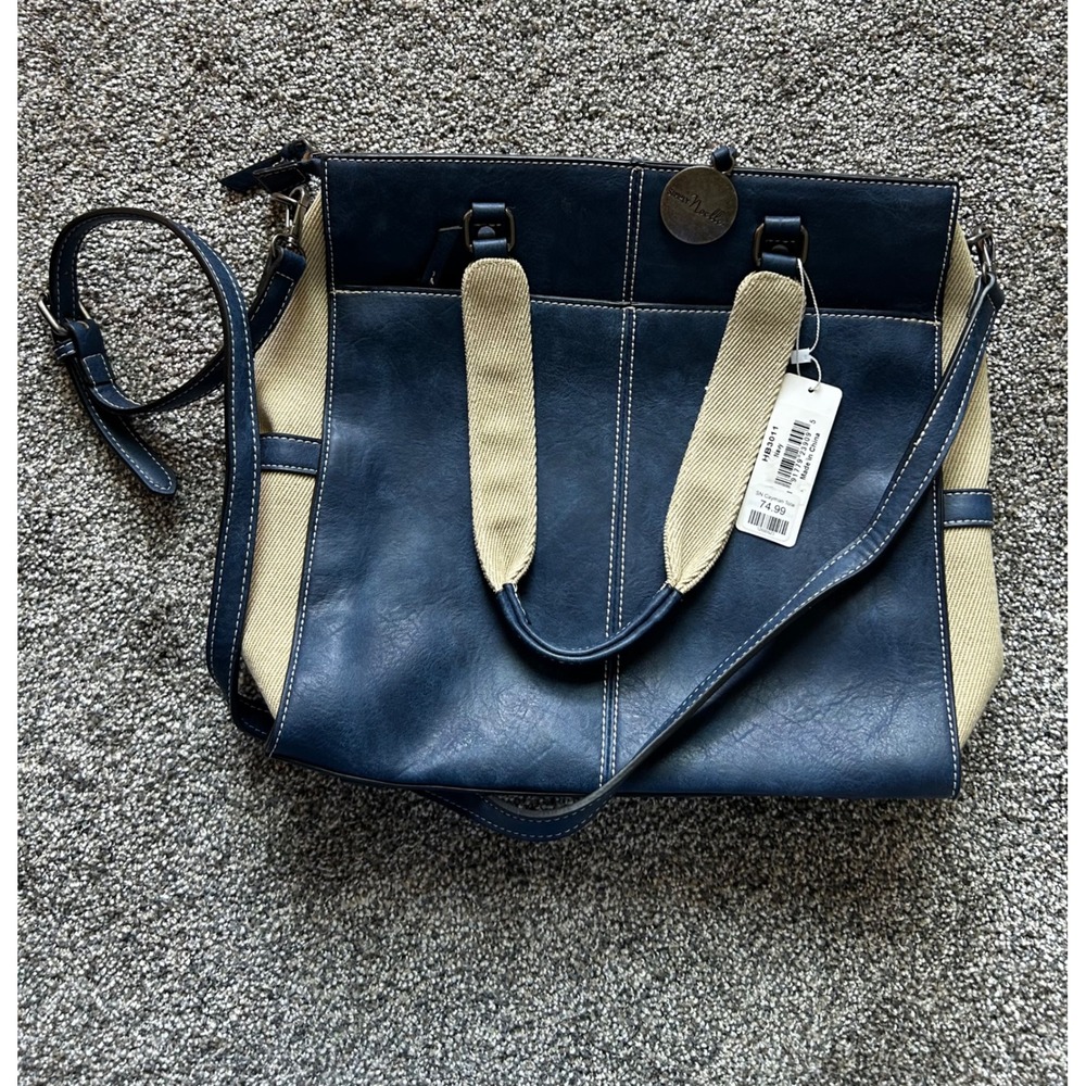 Simply Noelle Large Canvas Tote Bag Cream Navy Multi Pocket Compartments NWT